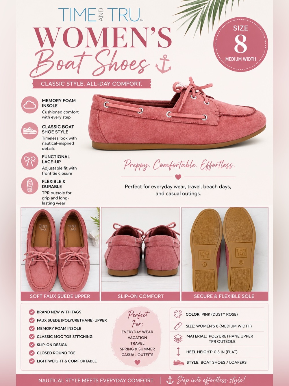 Time and Tru Womens Pink Faux Suede Boat Shoes Memory Foam Moc Toe Loafers 8 New - Picture 14 of 15